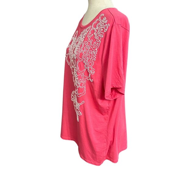 Talbots Shirt Women 3x Pink Short Sleeve Round Neck Bead Embroidered Floral - Picture 4 of 10